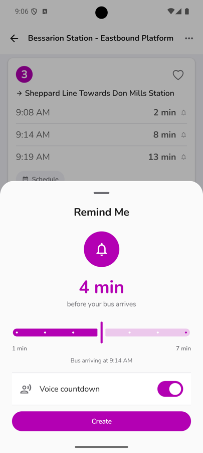 CityTransit Remind Me sheet setting an arrival alarm before your bus shows up