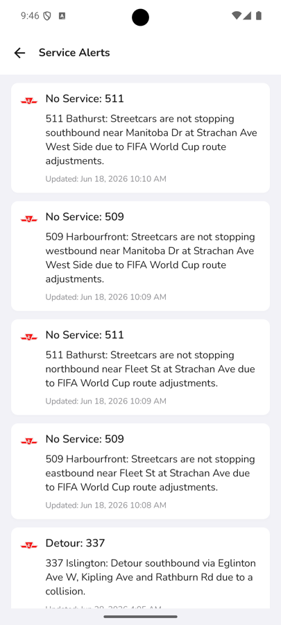 CityTransit service alerts list showing detours and no-service notices