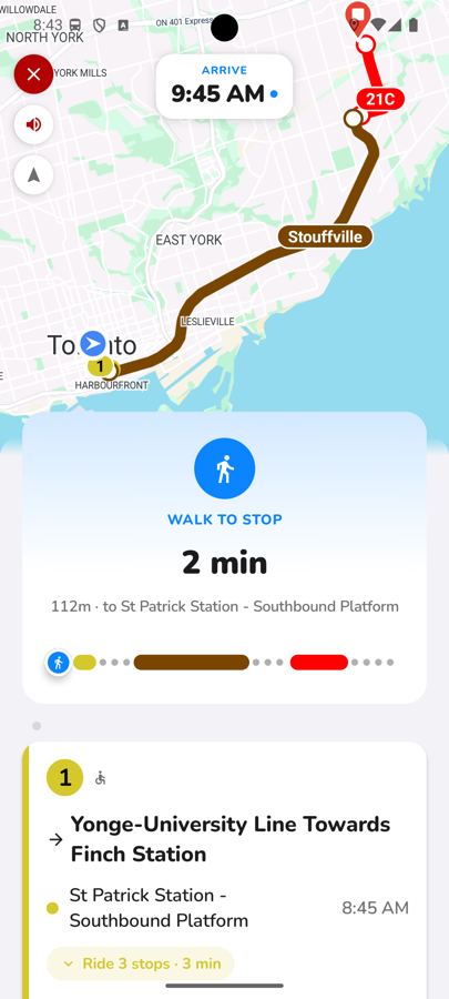 CityTransit live trip tracking showing a 2 minute walk to the stop and the arrival time
