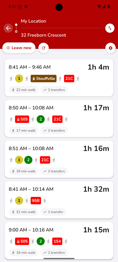 CityTransit trip planner showing several route options with times and transfers